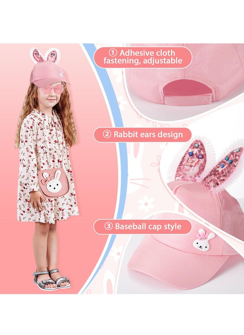 Girls Handbag Set, 3 Pcs Cute Rabbit Girls' Shoulder Bags with Adjustable Strap, Leather Crossbody Bag Bunny Hats Kids Bunny Cartoon Sunglasses with Rabbit Ears, Children Toddlers Gift Pink  - Image 3