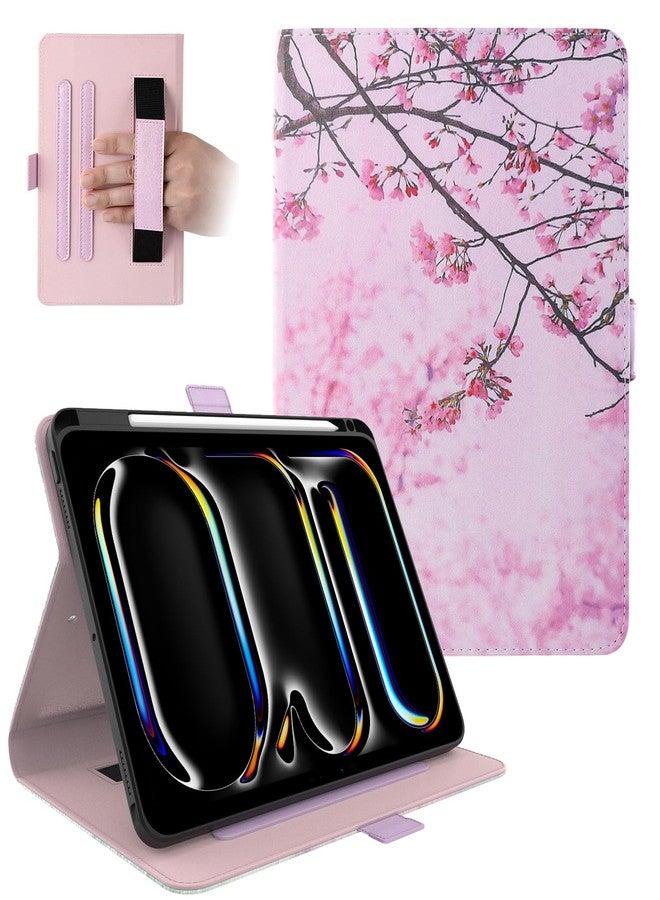 Dteck for iPad Pro 11 inch M4 Smart Folio Case 2024 with Pencil Holder/Hand Strap, Auto Sleep Wake, Adjustable Stand, Magnetic Closure, Slim PU Leather Protective Cute Cover with Stylus, Pink Florals - Image 1