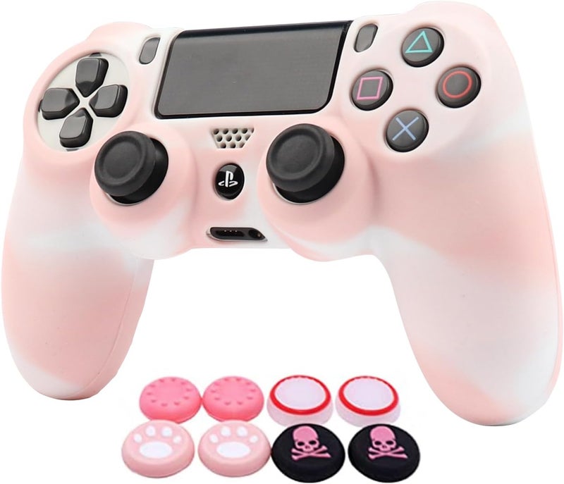 RALAN Pink Controller Skin Protector - Silicone Cover Compatible with PS4 Slim/PS4 Pro Controller (6 Pro Thumb Grips, 2 Skull Cap Grips)(Camouflage Pink + White Pink) - Image 1
