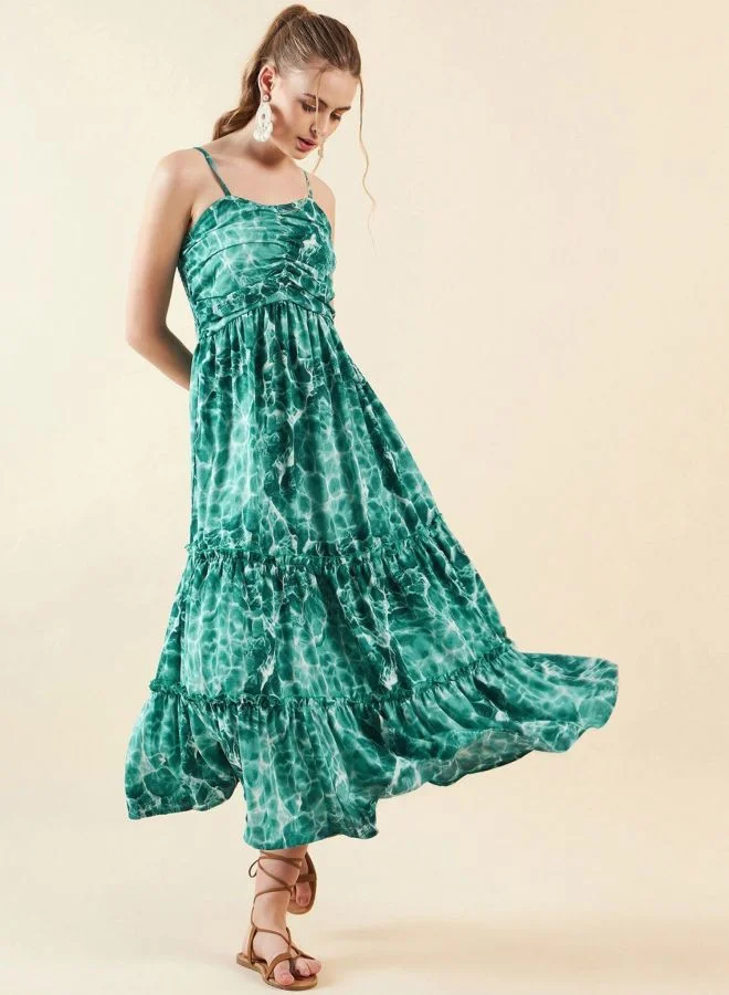 Women Fit and Flared Marble Printed V-Neck Sleeveless Midi Dress