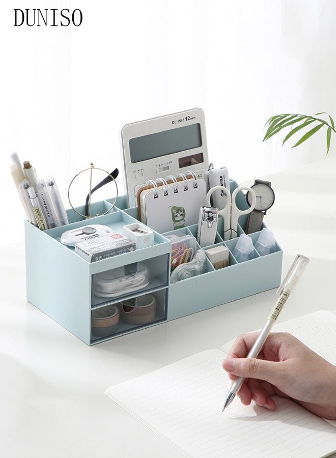 DUNISO منظم مكتب مع درج، حامل أقلام للمكتب، منظم أقلام، منظم مكياج بلاستيكي، منظم مكتب للمدرسة والمنزل والمكتب (أزرق) - Image 1