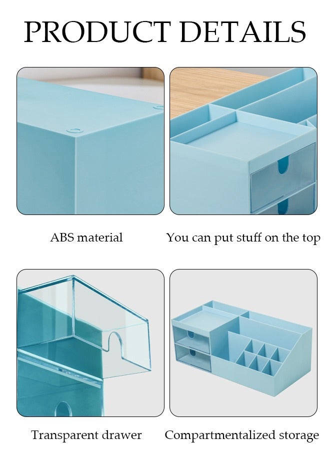 DUNISO منظم مكتب مع درج، حامل أقلام للمكتب، منظم أقلام، منظم مكياج بلاستيكي، منظم مكتب للمدرسة والمنزل والمكتب (أزرق) - Image 4