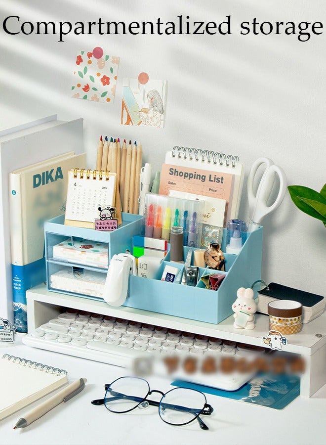 DUNISO منظم مكتب مع درج، حامل أقلام للمكتب، منظم أقلام، منظم مكياج بلاستيكي، منظم مكتب للمدرسة والمنزل والمكتب (أزرق) - Image 3