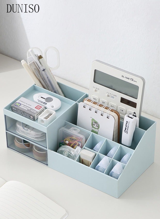 DUNISO منظم مكتب مع درج، حامل أقلام للمكتب، منظم أقلام، منظم مكياج بلاستيكي، منظم مكتب للمدرسة والمنزل والمكتب (أزرق) - Image 2