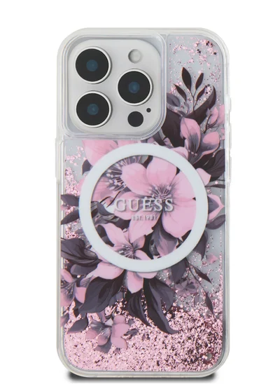 GUESS Magsafe Liquid Glitter Hard Case with Flower Design for iPhone 16 Pro Max / Drop protection / Easy Snap-On / Comfortable Grip-Pink