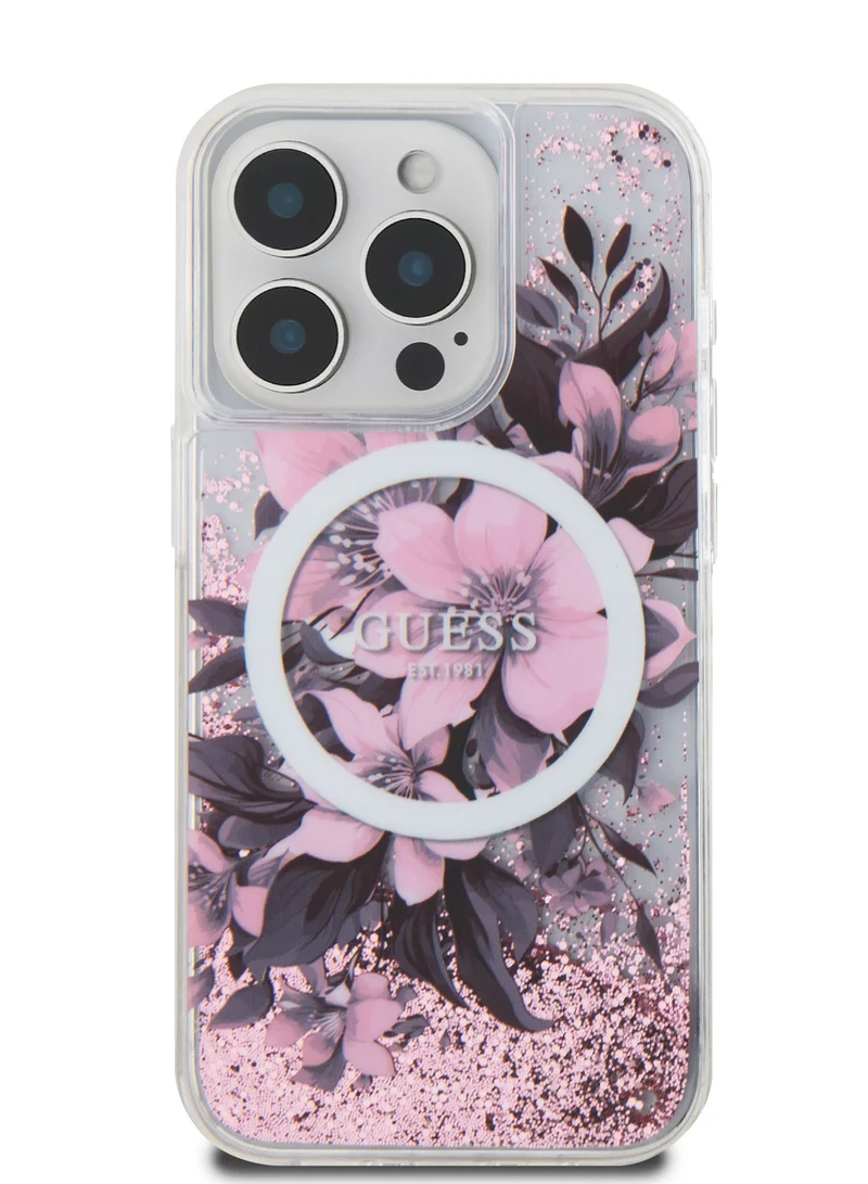 GUESS Magsafe Liquid Glitter Hard Case with Flower Design for iPhone 16 Pro Max / Drop protection / Easy Snap-On / Comfortable Grip-Pink
