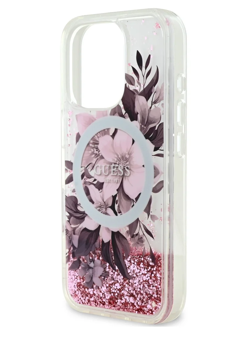 GUESS Magsafe Liquid Glitter Hard Case with Flower Design for iPhone 16 Pro Max / Drop protection / Easy Snap-On / Comfortable Grip-Pink