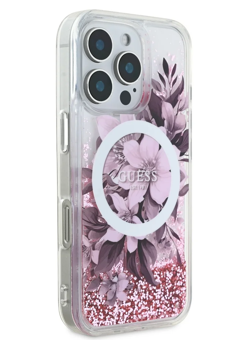 GUESS Magsafe Liquid Glitter Hard Case with Flower Design for iPhone 16 Pro Max / Drop protection / Easy Snap-On / Comfortable Grip-Pink