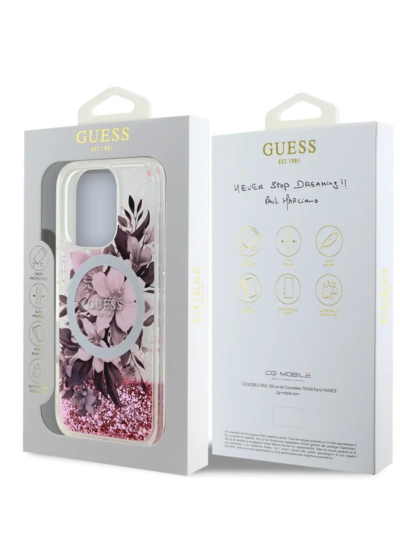 GUESS Magsafe Liquid Glitter Hard Case with Flower Design for iPhone 16 Pro Max / Drop protection / Easy Snap-On / Comfortable Grip-Pink