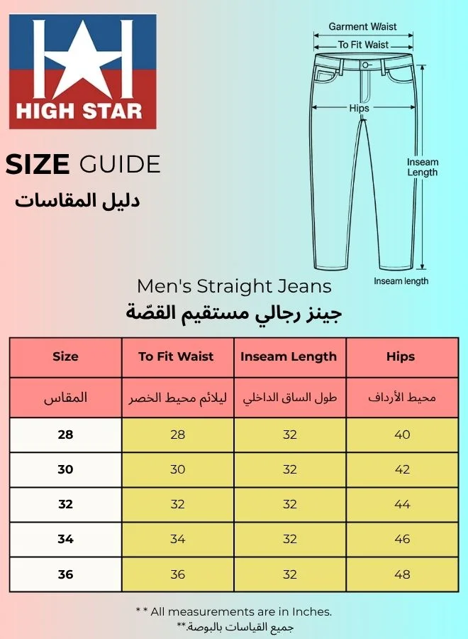 HIGH STAR Men's Black 100% Cotton Bleached Full Length Straight Fit Jeans
