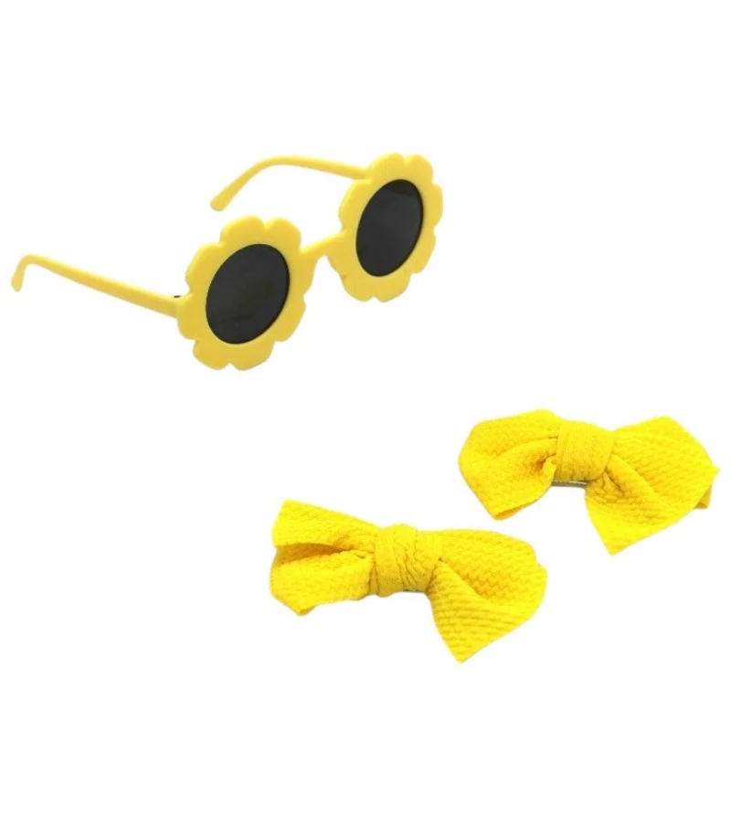دىدانيالا طقم مشابك شعر فيونكة ونظارة دانا للأطفال والبنات - أصفر ساطع