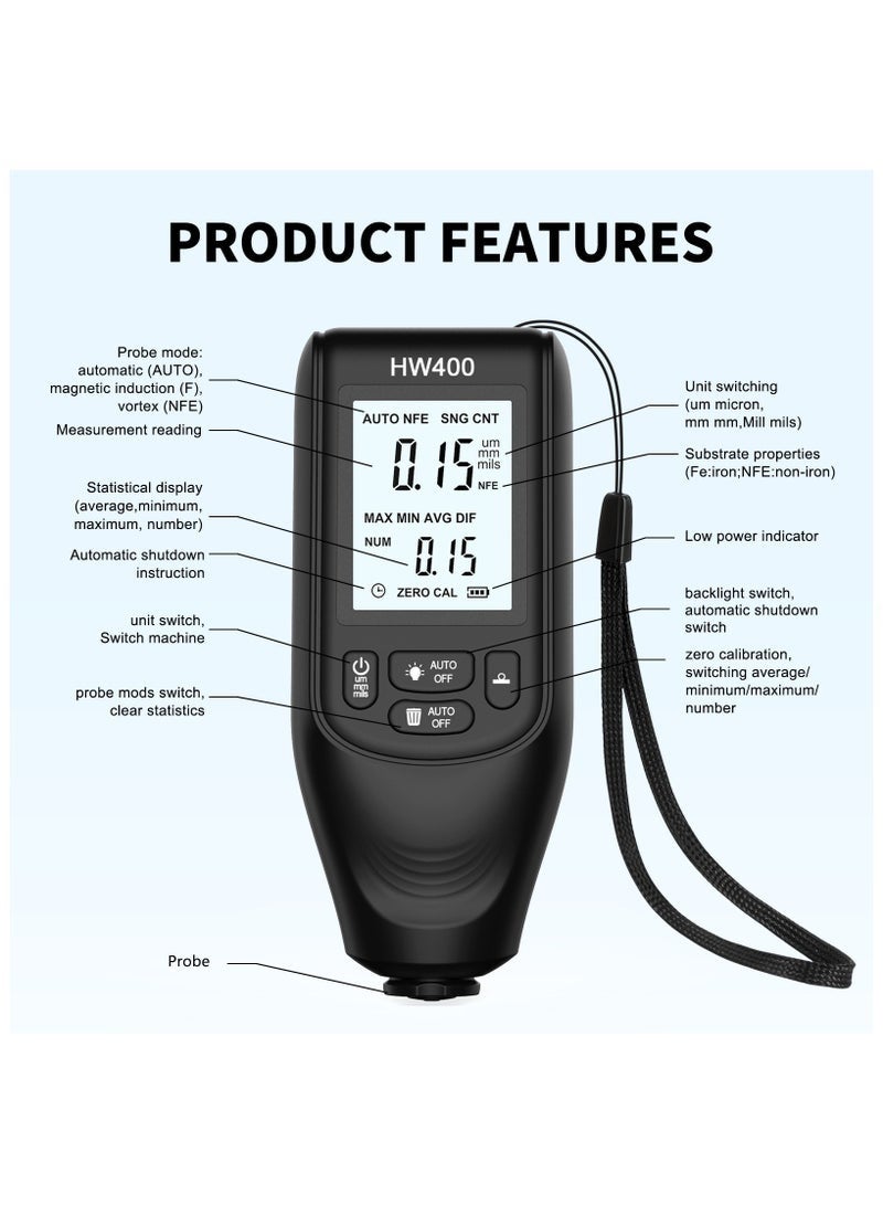 Bukela Professional Automotive Paint Thickness Gauge HW400 | 0-2000μm high-precision metal/wood multi-substrate detection | Anti-Slip Portable Coating Thickness Gauge | Workshop & outdoor dual-purpose, efficient quality inspection instrument - Image 2