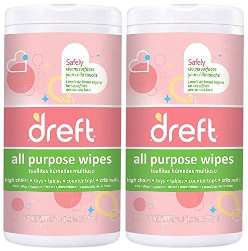Dreft MultiSurface AllPurpose Gentle Cleaning Wipes for Baby Toys Car Seat High Chair More 70 Count Pack of 2