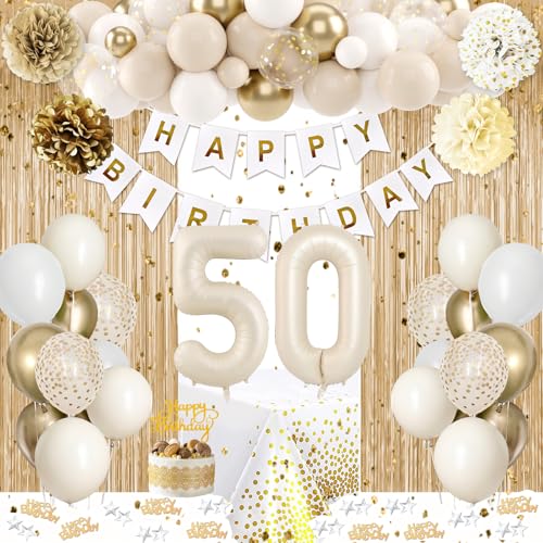 KISPATTI 50th Birthday Decorations Happy 50th Birthday Decorations White and Gold Balloons Happy Birthday Banner Tablecloth Fringe Curtain Cake Topper Paper Pom Poms Men Women 50th Party Decorations 50 Bday - Image 1