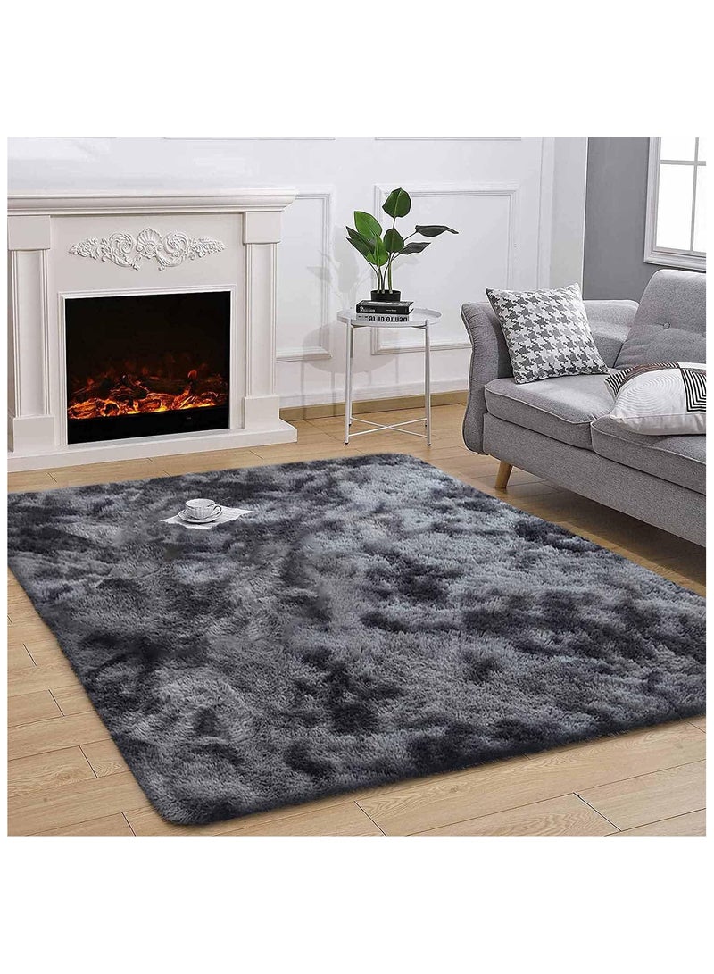 Soofam Large Area Living Room Rug, Modern Super Soft Plush Shaggy Bedroom Carpet, Black Gray Tie-Dye Pattern, Silver Indoor Nursery Rug for Girls and Home Decor, Floor Carpet Mat (Black Grey, 120 x 60 cm) - Image 2