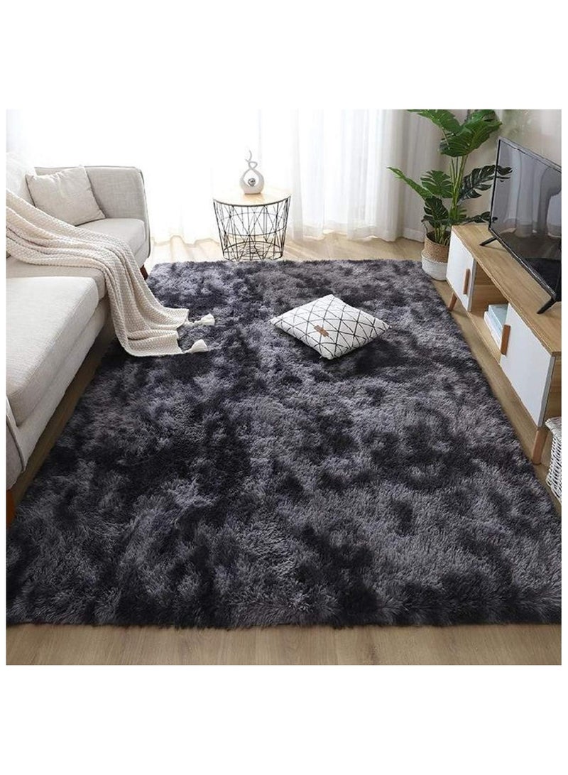 Soofam Large Area Living Room Rug, Modern Super Soft Plush Shaggy Bedroom Carpet, Black Gray Tie-Dye Pattern, Silver Indoor Nursery Rug for Girls and Home Decor, Floor Carpet Mat (Black Grey, 120 x 60 cm) - Image 1