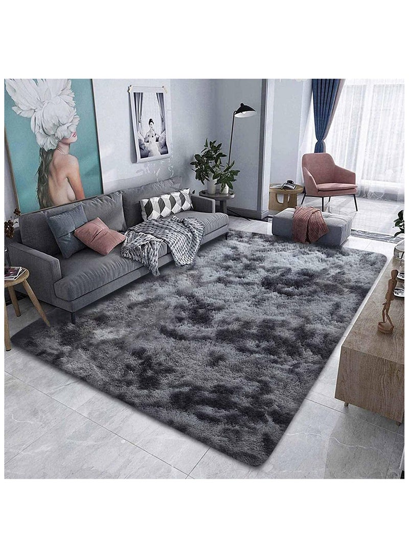 Soofam Large Area Living Room Rug, Modern Super Soft Plush Shaggy Bedroom Carpet, Black Gray Tie-Dye Pattern, Silver Indoor Nursery Rug for Girls and Home Decor, Floor Carpet Mat (Black Grey, 120 x 60 cm) - Image 5