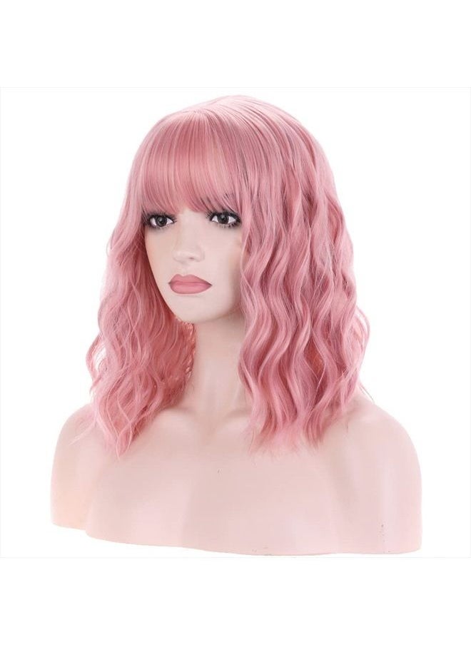 BERON 14 Inches Women Girls Short Curly Synthetic Wig with Bangs Lovely Pink  - Image 1
