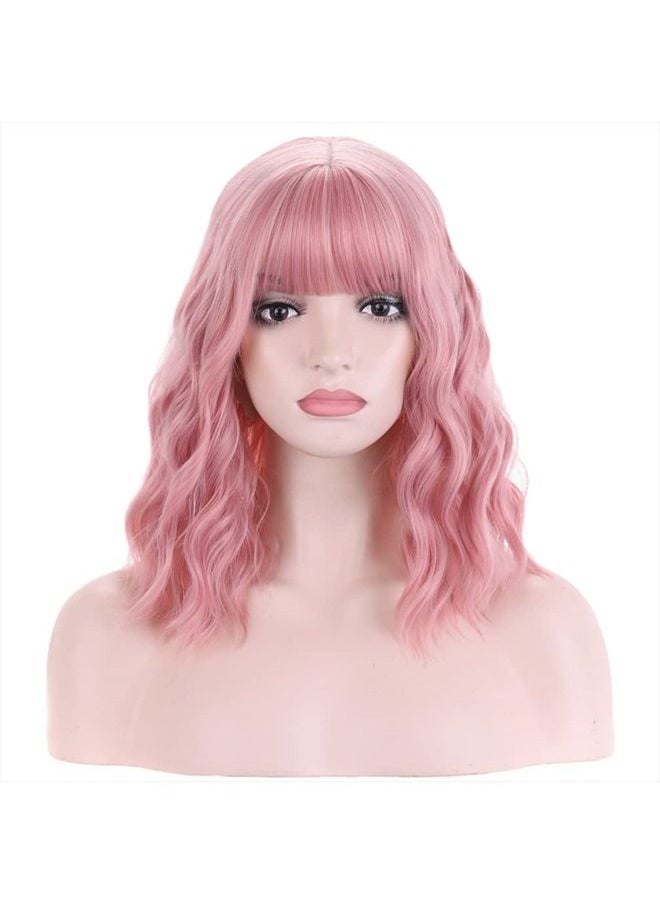 BERON 14 Inches Women Girls Short Curly Synthetic Wig with Bangs Lovely Pink  - Image 2
