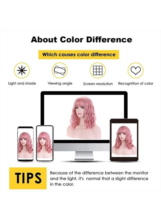 BERON - 14 Inches Women Girls Short Curly Synthetic Wig with Bangs Lovely Pink - Image 1