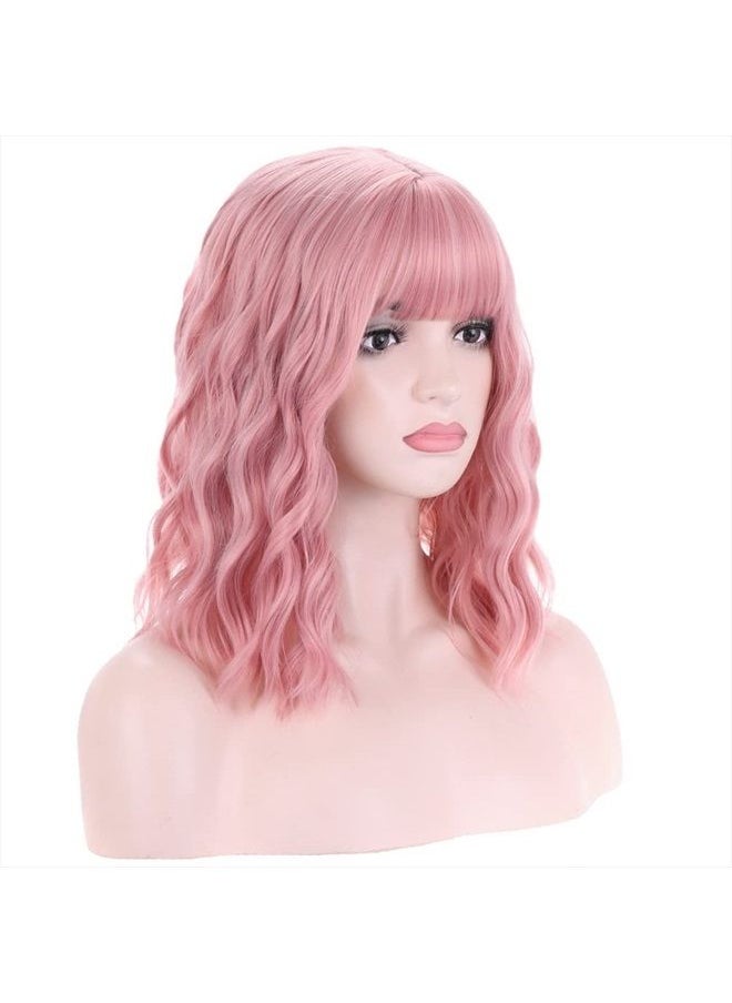 BERON 14 Inches Women Girls Short Curly Synthetic Wig with Bangs Lovely Pink  - Image 3