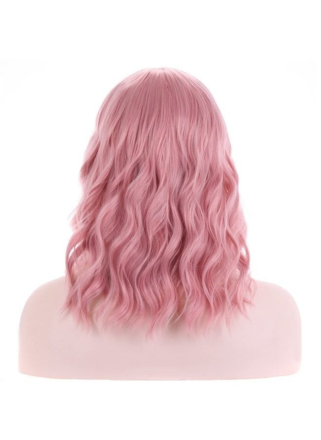 BERON 14 Inches Women Girls Short Curly Synthetic Wig with Bangs Lovely Pink  - Image 4