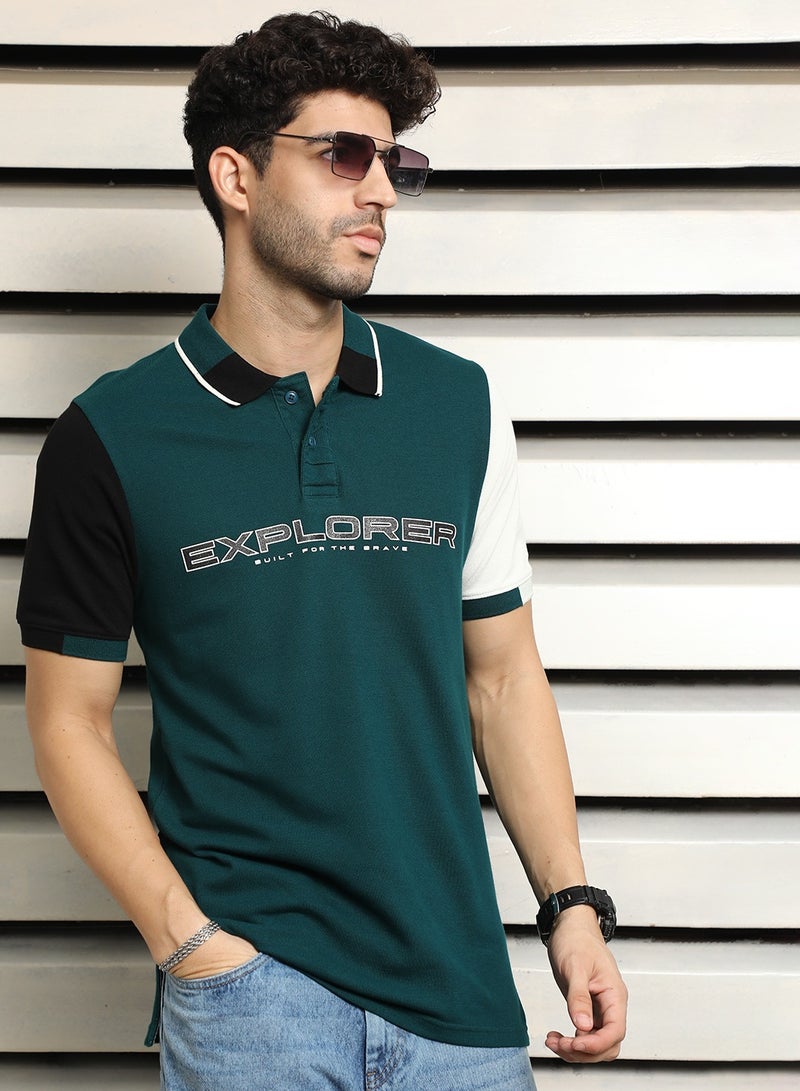 HIGH STAR Teal ColorBlock Polo T-shirt for Men, Half Sleeves, 100% Cotton  - Image 1