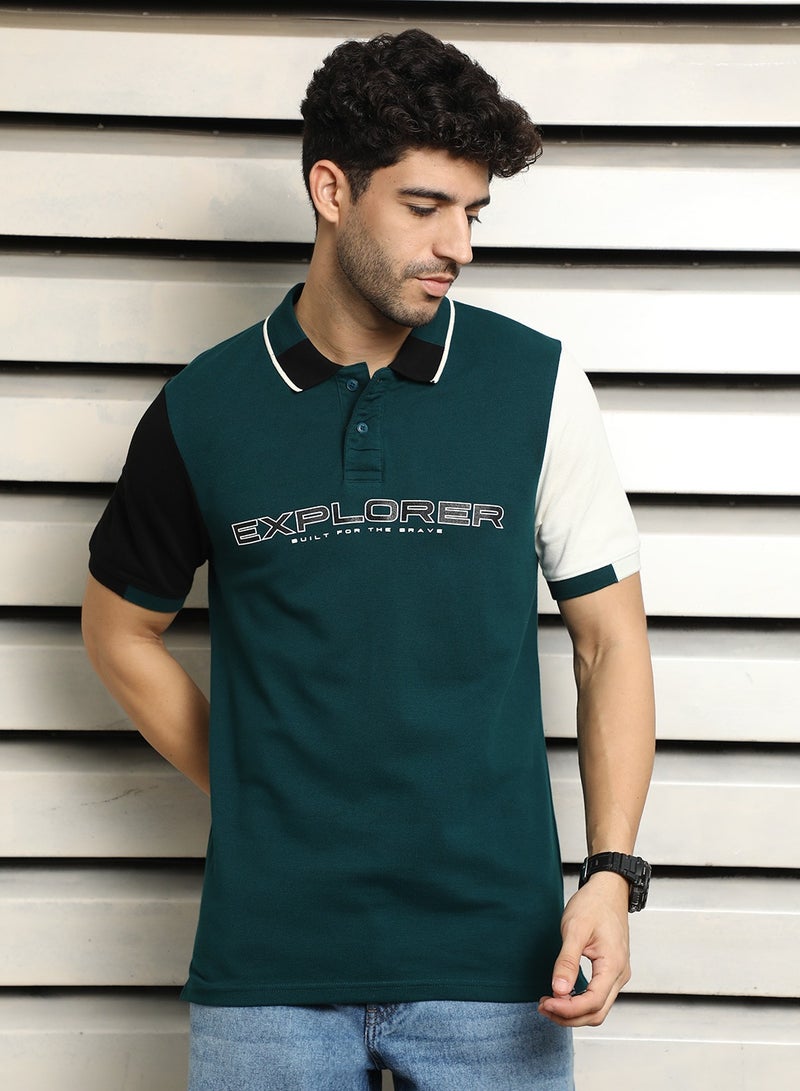 HIGH STAR Teal ColorBlock Polo T-shirt for Men, Half Sleeves, 100% Cotton  - Image 2