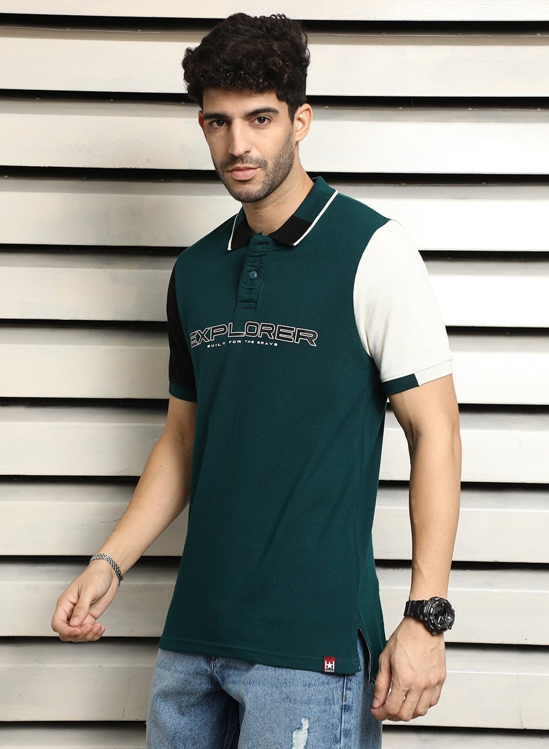 HIGH STAR Teal ColorBlock Polo T-shirt for Men, Half Sleeves, 100% Cotton  - Image 3