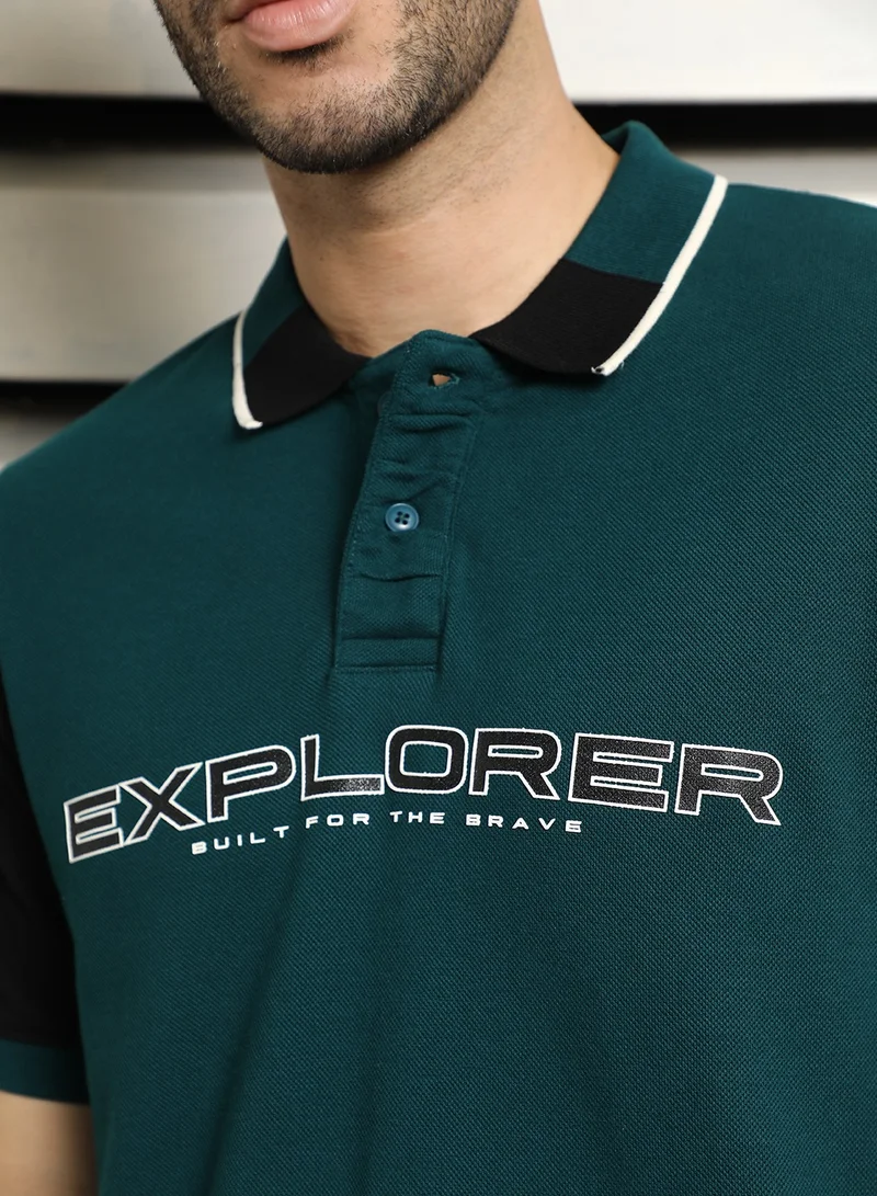 HIGH STAR Teal ColorBlock Polo T-shirt for Men, Half Sleeves, 100% Cotton
