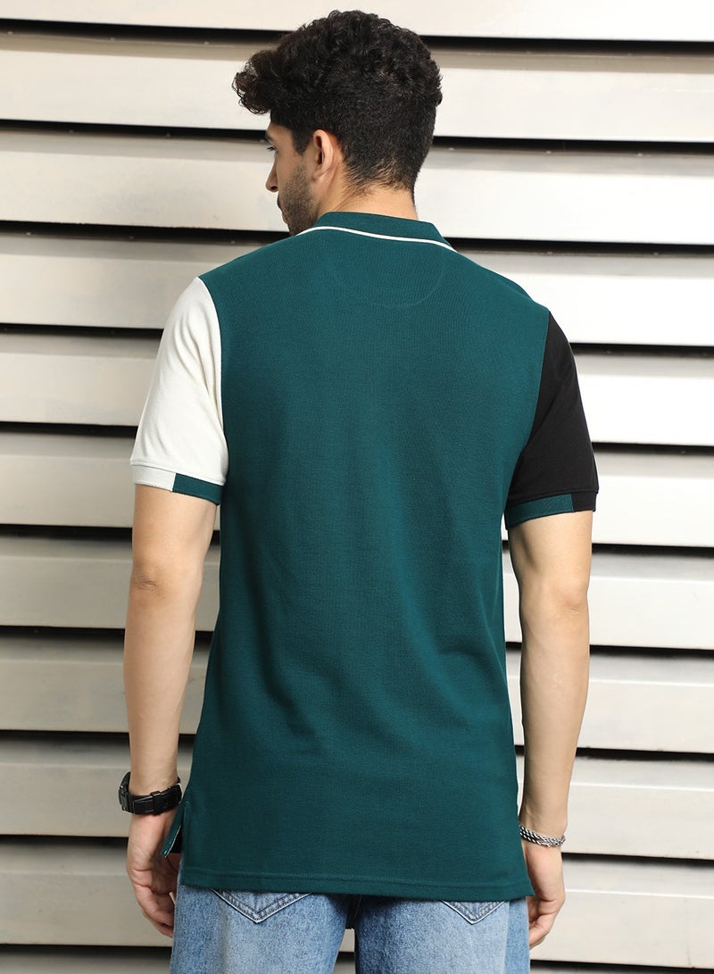 HIGH STAR Teal ColorBlock Polo T-shirt for Men, Half Sleeves, 100% Cotton  - Image 5