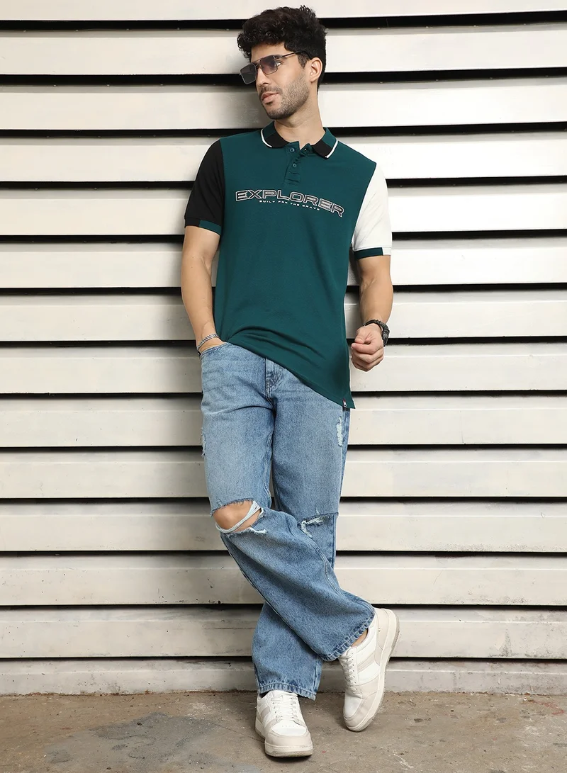 HIGH STAR Teal ColorBlock Polo T-shirt for Men, Half Sleeves, 100% Cotton