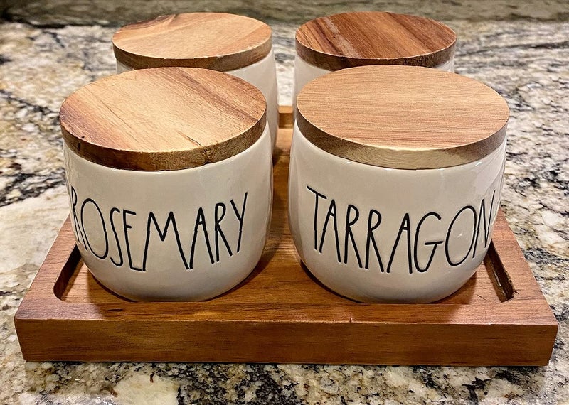 Rae Dunn Magenta Ceramic Spice Jar Set 4 Diame with Wooden Lids and Wood Tray  Inscribed THYME  BASIL ROSEMARY and TERRAGON Cream Black JARS  Diameter 325inch  Height 3inch