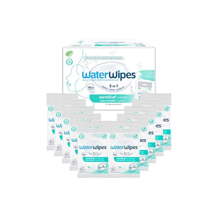 WaterWipes Beauty Sensitive+ On-The-Go Facial Wipes, 99.9% Water, Unscented Hypoallergenic Face Cleanser Wipes for Sensitive Skin, Double Cleanse & Skincare Routine, 100ct, (10 Packs)