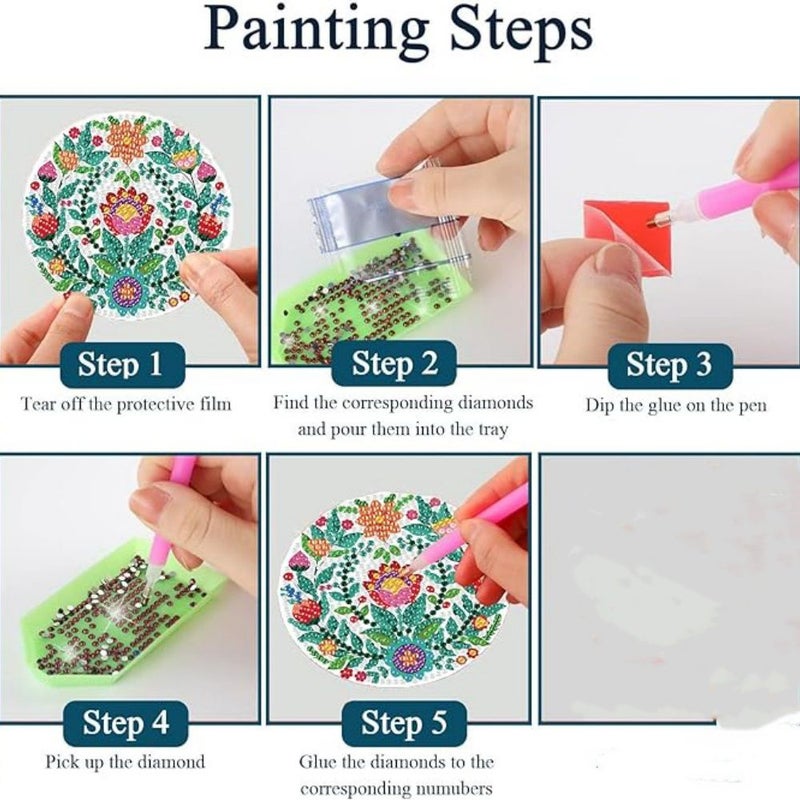 8pcs Floral Pattern Diamond Art Coasters With Brackets DIY Painting Set For Adults And Beginners Craft Supplies Gift For Friends - Image 3