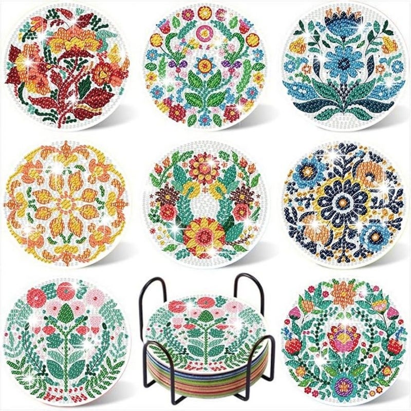 8pcs Floral Pattern Diamond Art Coasters With Brackets DIY Painting Set For Adults And Beginners Craft Supplies Gift For Friends - Image 1