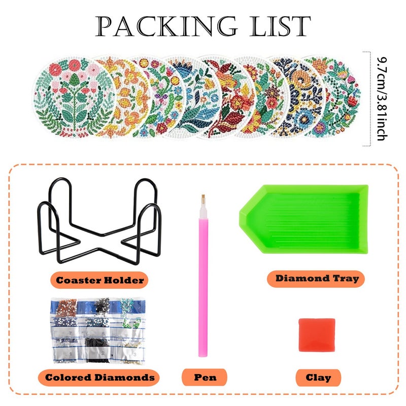 8pcs Floral Pattern Diamond Art Coasters With Brackets DIY Painting Set For Adults And Beginners Craft Supplies Gift For Friends - Image 2