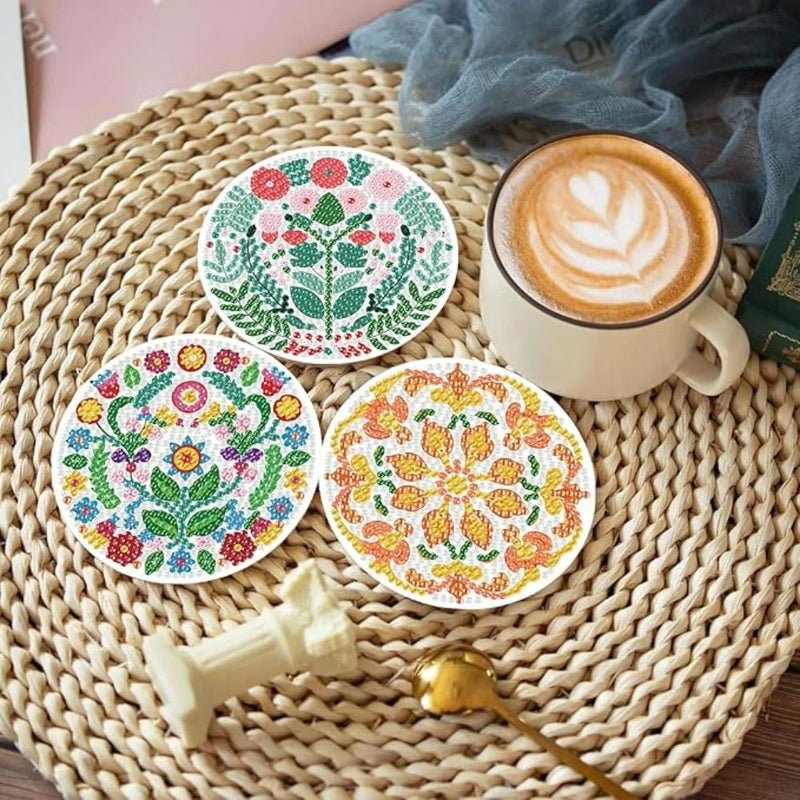 8pcs Floral Pattern Diamond Art Coasters With Brackets DIY Painting Set For Adults And Beginners Craft Supplies Gift For Friends - Image 4