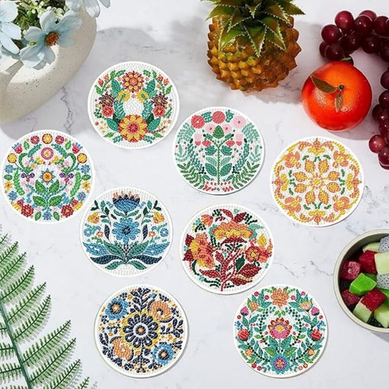 8pcs Floral Pattern Diamond Art Coasters With Brackets DIY Painting Set For Adults And Beginners Craft Supplies Gift For Friends - Image 5