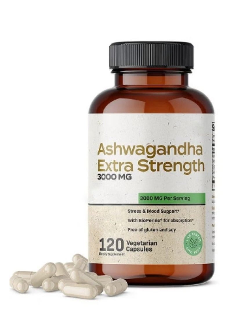 إكسترا أشواغاندا كبسولات أشواغاندا قوة إضافية 3000 ملغ - تركيبة لتخفيف التوتر، مكمل غذائي طبيعي لدعم المزاج والتوتر والتركيز ودعم الطاقة، 120 كبسولة - Image 1