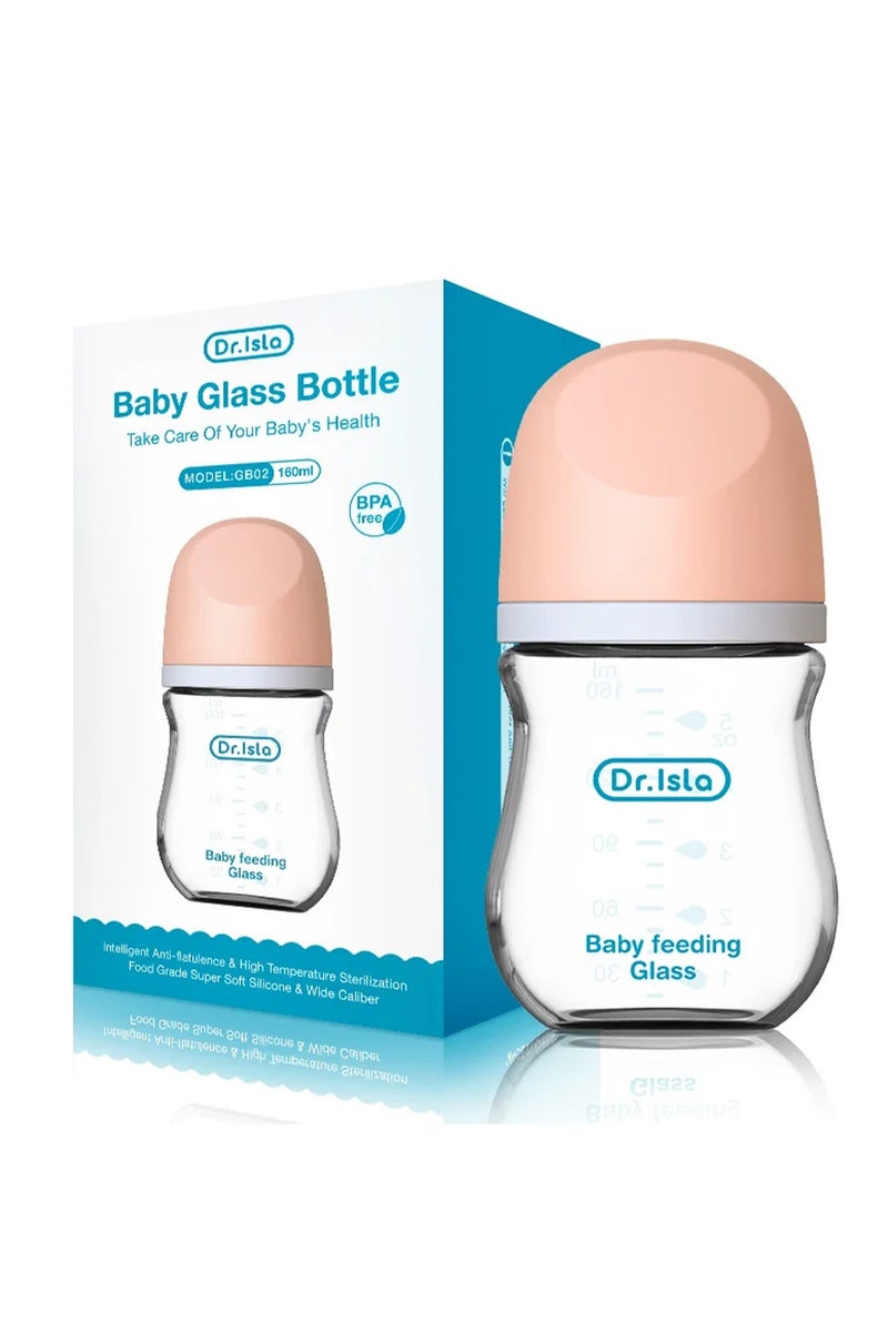 Dr.isla زجاجة رضاعة دكتور إيسلا الزجاجية المضادة للاختناق للأطفال حديثي الولادة - 160 مل، مصنوعة من زجاج البورسليكات، مضادة للمغص، خالية من مادة BPA، مناسبة للأطفال من عمر 1 إلى 3 أشهر، لون وردي - Image 1