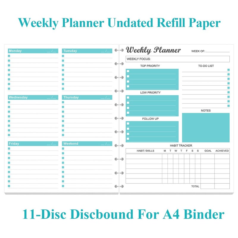 Yaridar Weekly Planner Undated Refills - Letter Size 53 Sheets/106 Pages Weekly Planner for 11-Disc Discbound, TUL, 100 gsm White Paper, Lasts 1 Year, Undated, 8.5" x 11", Teal - Image 2