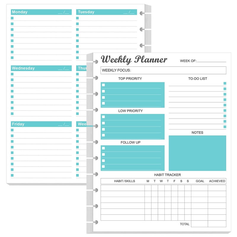 Yaridar Weekly Planner Undated Refills - Letter Size 53 Sheets/106 Pages Weekly Planner for 11-Disc Discbound, TUL, 100 gsm White Paper, Lasts 1 Year, Undated, 8.5" x 11", Teal - Image 1