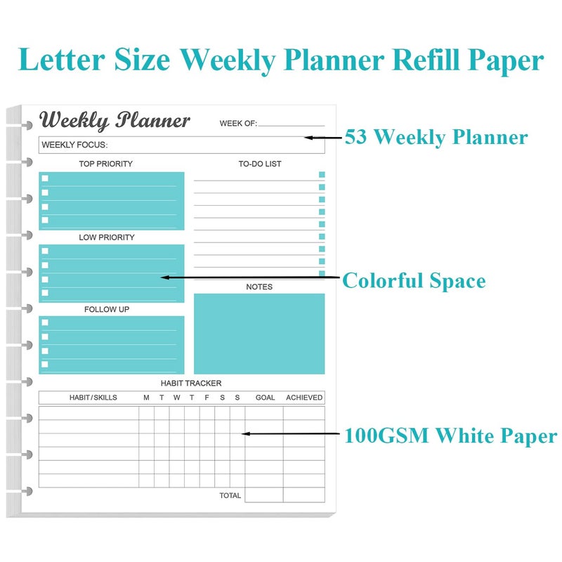Yaridar Weekly Planner Undated Refills - Letter Size 53 Sheets/106 Pages Weekly Planner for 11-Disc Discbound, TUL, 100 gsm White Paper, Lasts 1 Year, Undated, 8.5" x 11", Teal - Image 3