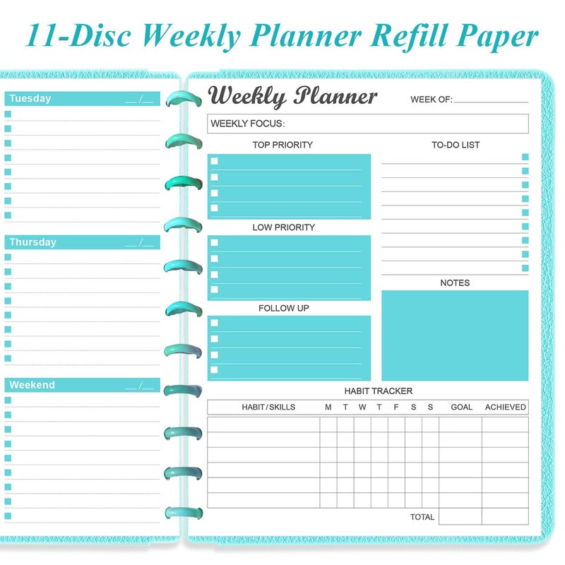 Yaridar Weekly Planner Undated Refills - Letter Size 53 Sheets/106 Pages Weekly Planner for 11-Disc Discbound, TUL, 100 gsm White Paper, Lasts 1 Year, Undated, 8.5" x 11", Teal - Image 5