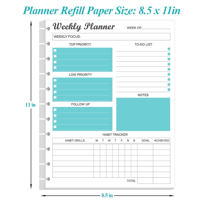 Yaridar Weekly Planner Undated Refills - Letter Size 53 Sheets/106 Pages Weekly Planner for 11-Disc Discbound, TUL, 100 gsm White Paper, Lasts 1 Year, Undated, 8.5" x 11", Teal - Image 4