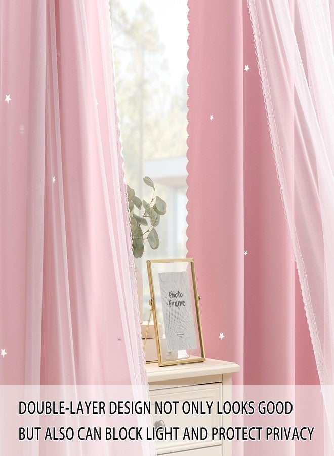 XiDi Light Pink Curtains with Sheer Overlay for Girls Bedroom 80% Blackout Double Layer Curtains for Nursery Kids Room Star Drapes with Tiebacks Room Darkening Grommet 2 Panels Light Pink 34-63/2 - Image 3
