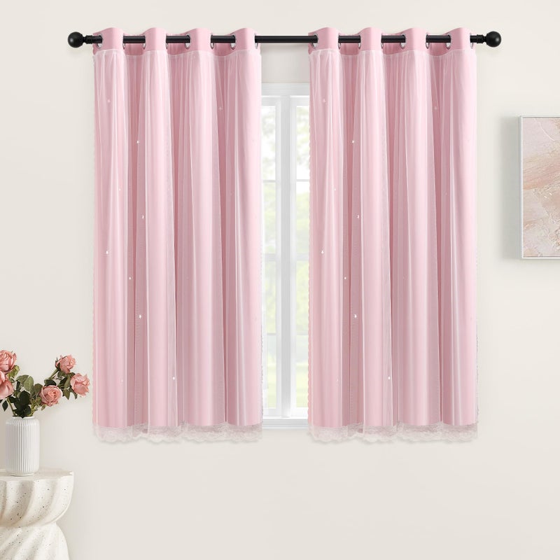 XiDi Light Pink Curtains with Sheer Overlay for Girls Bedroom 80% Blackout Double Layer Curtains for Nursery Kids Room Star Drapes with Tiebacks Room Darkening Grommet 2 Panels Light Pink 34-63/2 - Image 1
