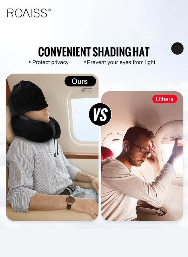 roaiss Travel Pillow Neck Pillow for Travel with Hood for Airplane Neck Pillow Adult Head Neck Support for Long Flights Plane Office Cars Sleeping Rest Includes Eye Mask, Earplugs, And a Black Drawstring Bag Black - Image 2