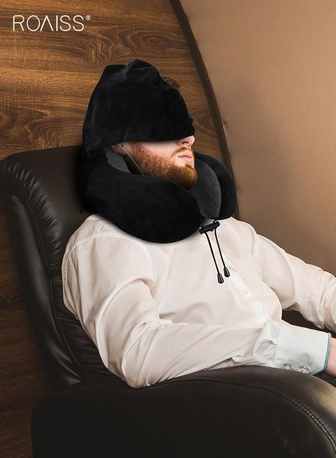 roaiss Travel Pillow Neck Pillow for Travel with Hood for Airplane Neck Pillow Adult Head Neck Support for Long Flights Plane Office Cars Sleeping Rest Includes Eye Mask, Earplugs, And a Black Drawstring Bag Black - Image 4